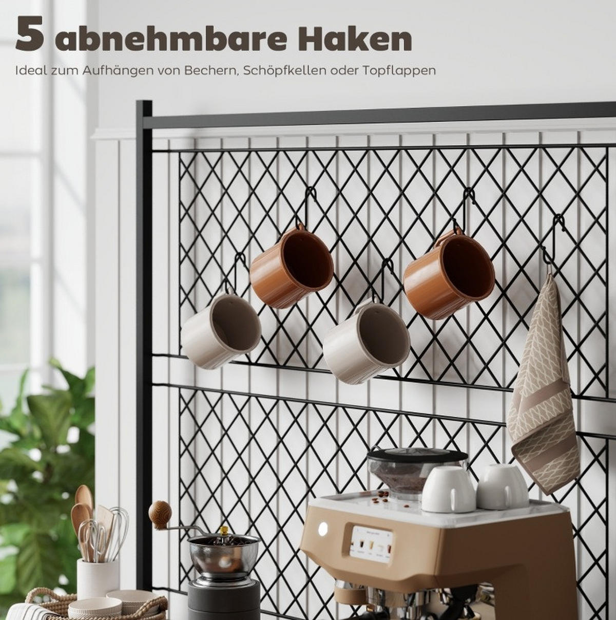 KÜCHENREGAL 96,5 cm mit Arbeitsfläche, Weinregal, Gitterpaneelen und 5 Haken aus Holz, Rustikales Braun - Braun, Holz (96.5/165/38cm) - Redom