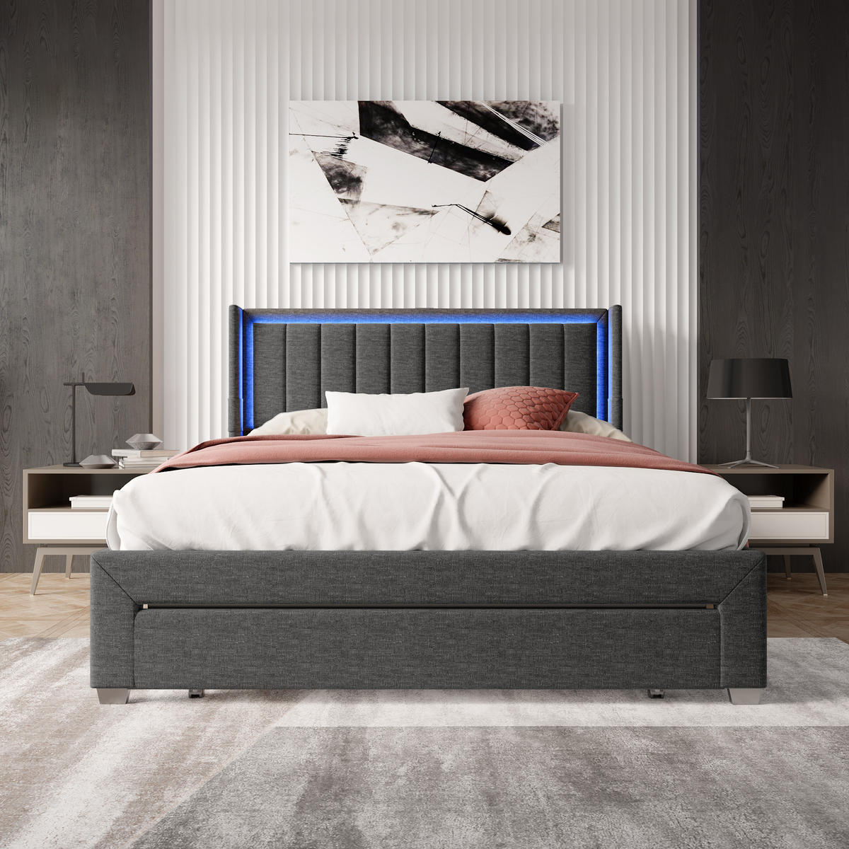 POLSTERBETT 160x200 cm, Grau, mit LED-Beleuchtung & USB-Stecker - Grau, Textil/Metall (160/200cm)