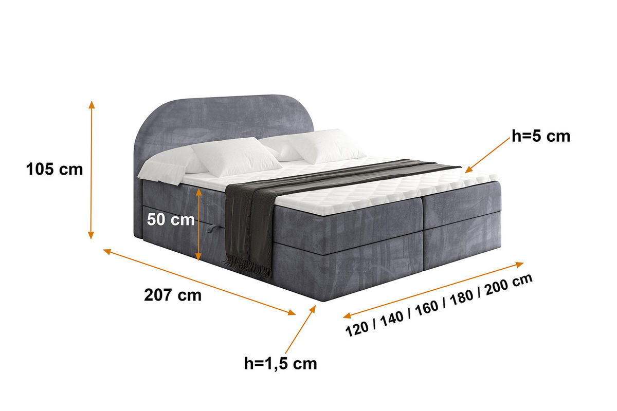 BOXBETT mit Matratze H3 und Lattenrost - NOX - 160x200 - Dunkelgrau Casablanca - Dunkelgrau, Holzwerkstoff/Kunststoff (160/200cm) - ALTDECOR