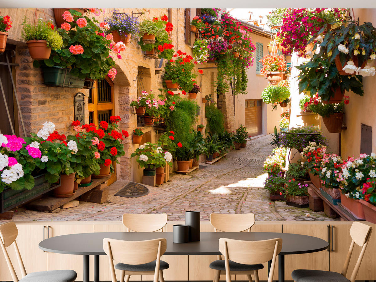 FOTOTAPETE für Wohnzimmer Italienische Steinstraße Blumen Pflanzen 150x105 - Beige/Rot, Papier (150/105cm) - Muralo