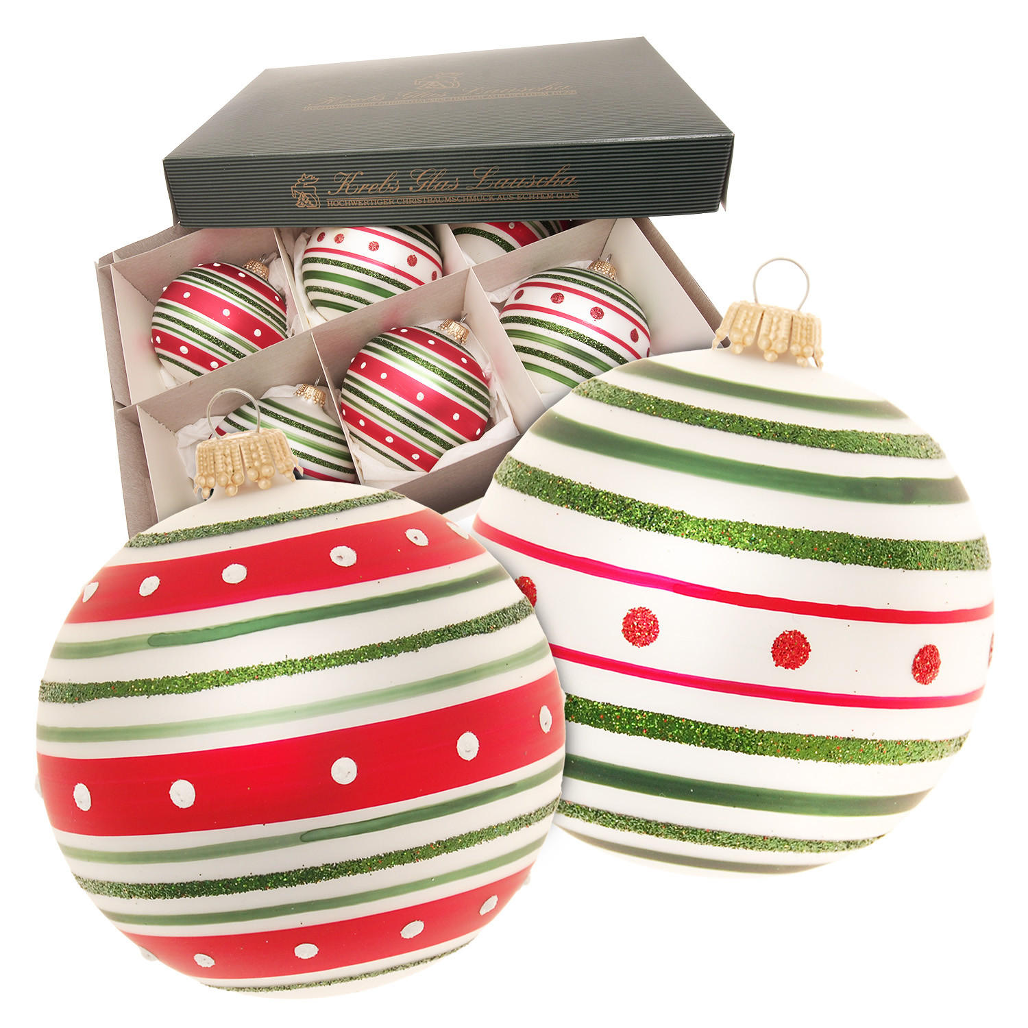 CHRISTBAUMKUGELN Streifen und Punkte Silberfarbig 8cm (Glas / 6 Stk.) - Silberfarben, Glas (8/8/8cm) - Krebs Glas Lauscha