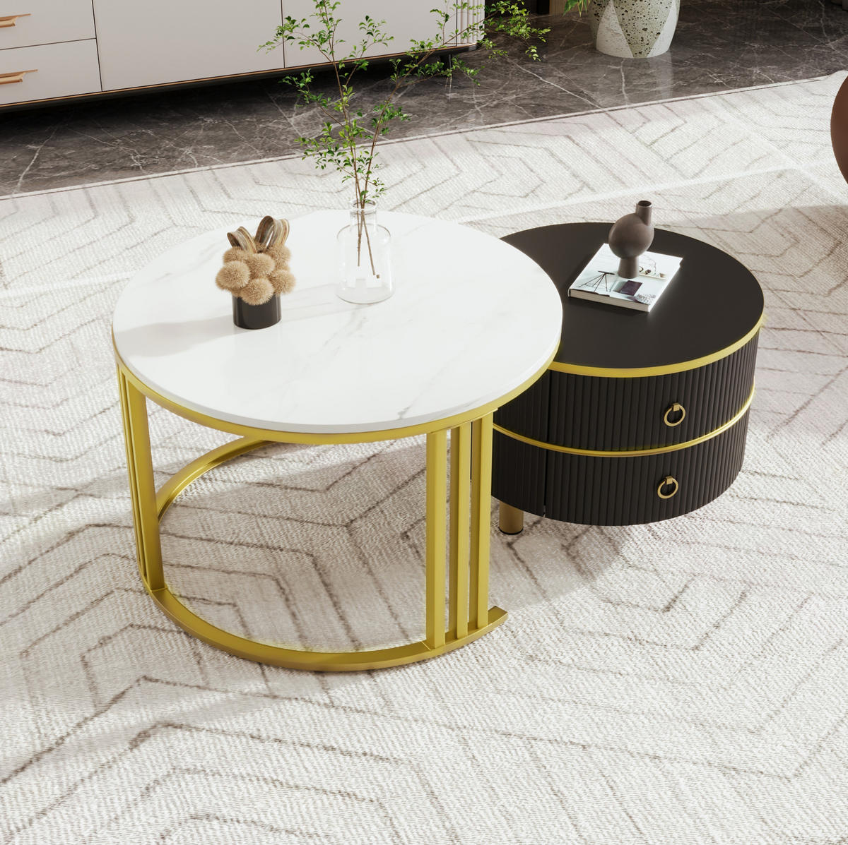 COUCHTISCH 70/70/46 + 50/50/40 cm Schwarz aus MDF mit Schubladen - Schwarz, Holzwerkstoff (70/70/46cm) - OKMYHOME