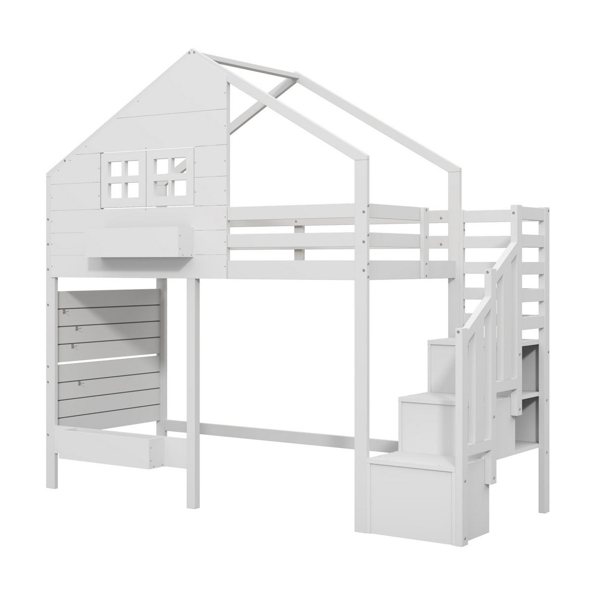 ETAGENBETT 90x200 cm mit Stauraumtreppe und Fenster Weiß - Weiß, Holzwerkstoff (90/200cm) - Beauniv
