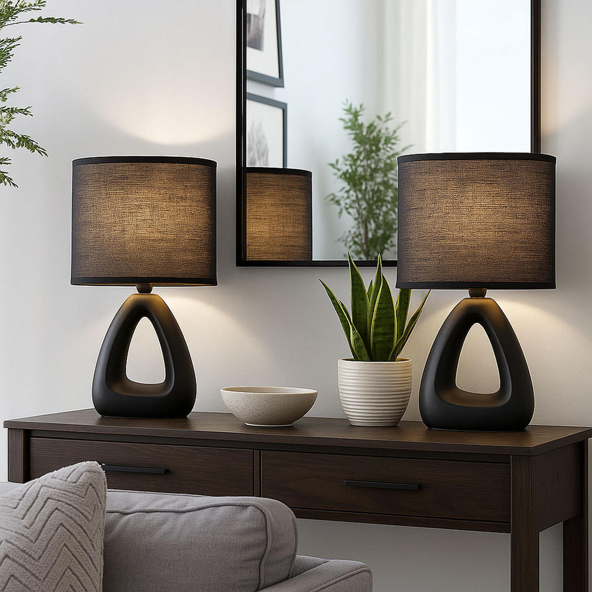 TISCHLEUCHTE Keramik Schwarz 2er Set - Schwarz, Textil (17/10/30cm) - Globo Lighting