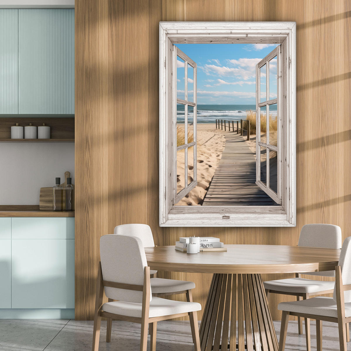 LEINWANDBILD Fenster - Meer - Küste - Natur - Ausblick - Strand - Wattenmeer 90x140 cm - Beige, Textil (90/140cm) - MuchoWow
