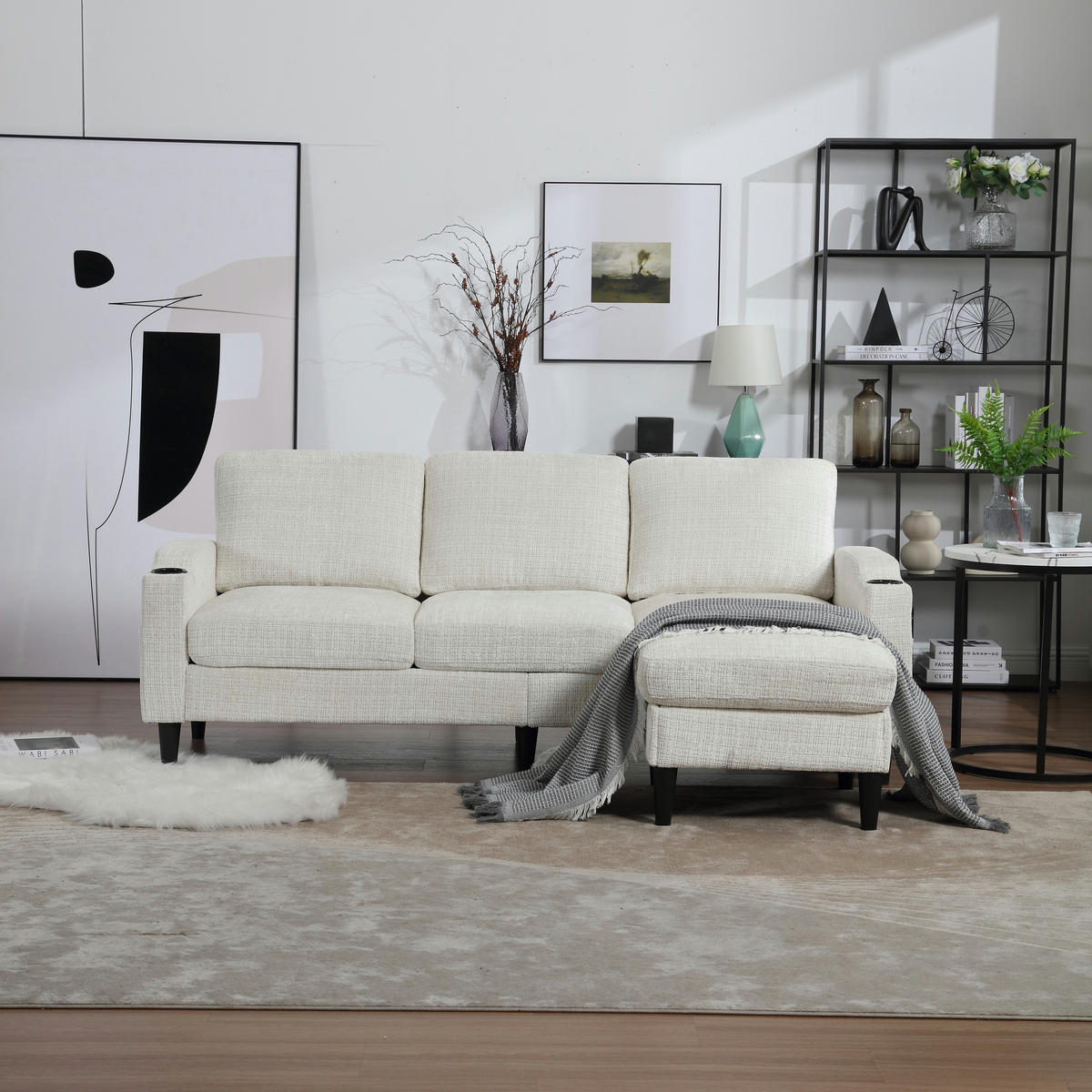 ECKSOFA mit Hocker Stauraum Getränkehalter und Seitentaschen in Chenille - Beige, Textil (196.6/76cm) - EVRYAE