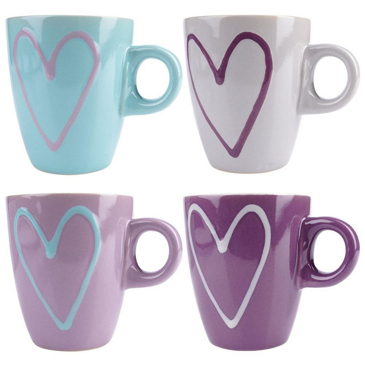 KERAMIKBECHER-SET HERZ, Keramik, bunt, 4 Stk., 210 ml - Pink, Keramik (0.21L) - Orion 