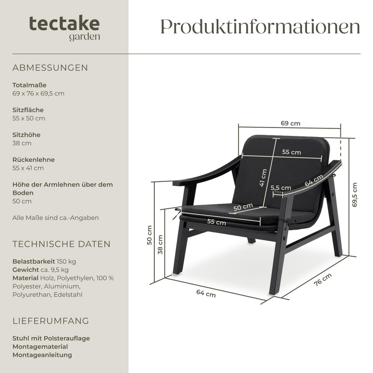 RATTAN STUHL Treviso,69 x 76 x 69,5 cm,schwarz - Schwarz, Kunststoff (69/69.5/76cm) - tectake