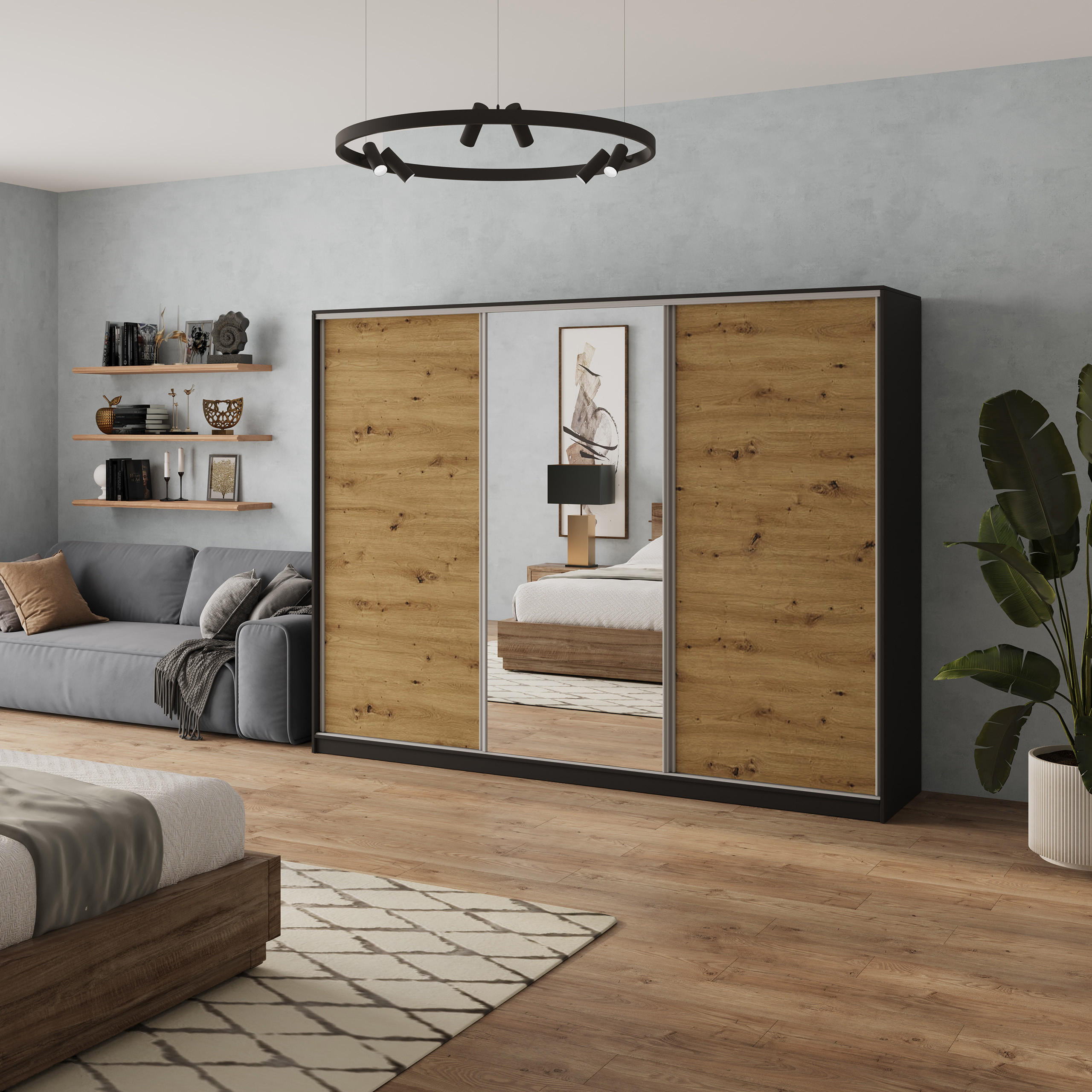 SCHWEBETÜRENSCHRANK SORE 270/205/58 cm 3-türig mit Spiegel und 4 Schubladen Schwarz - Schwarz/Eiche Artisan, Holzwerkstoff (270/205/58cm) - MASSENO