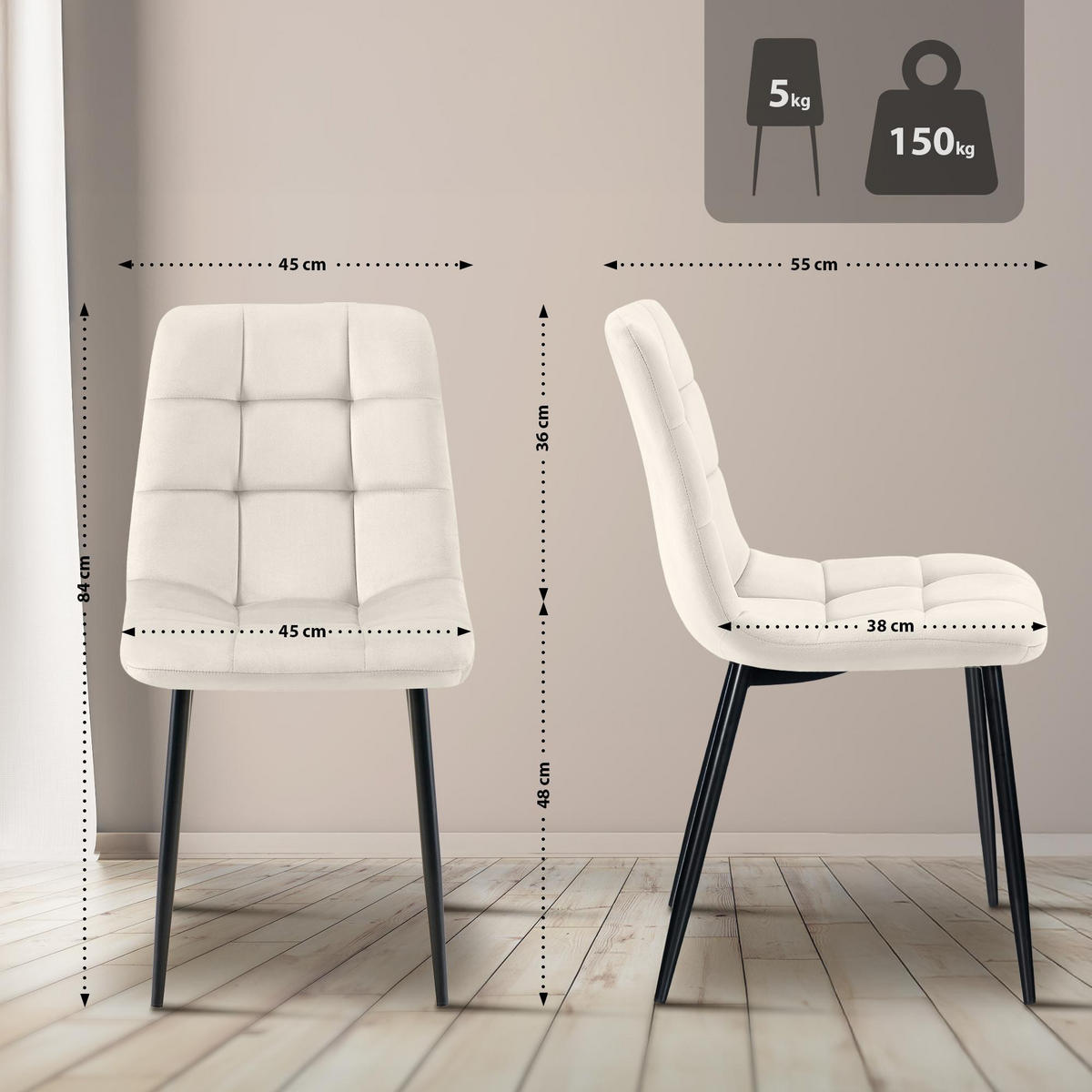 STUHL Samt Cremeweiß - Creme/Schwarz, Textil/Metall (45/84/55cm) - CLP