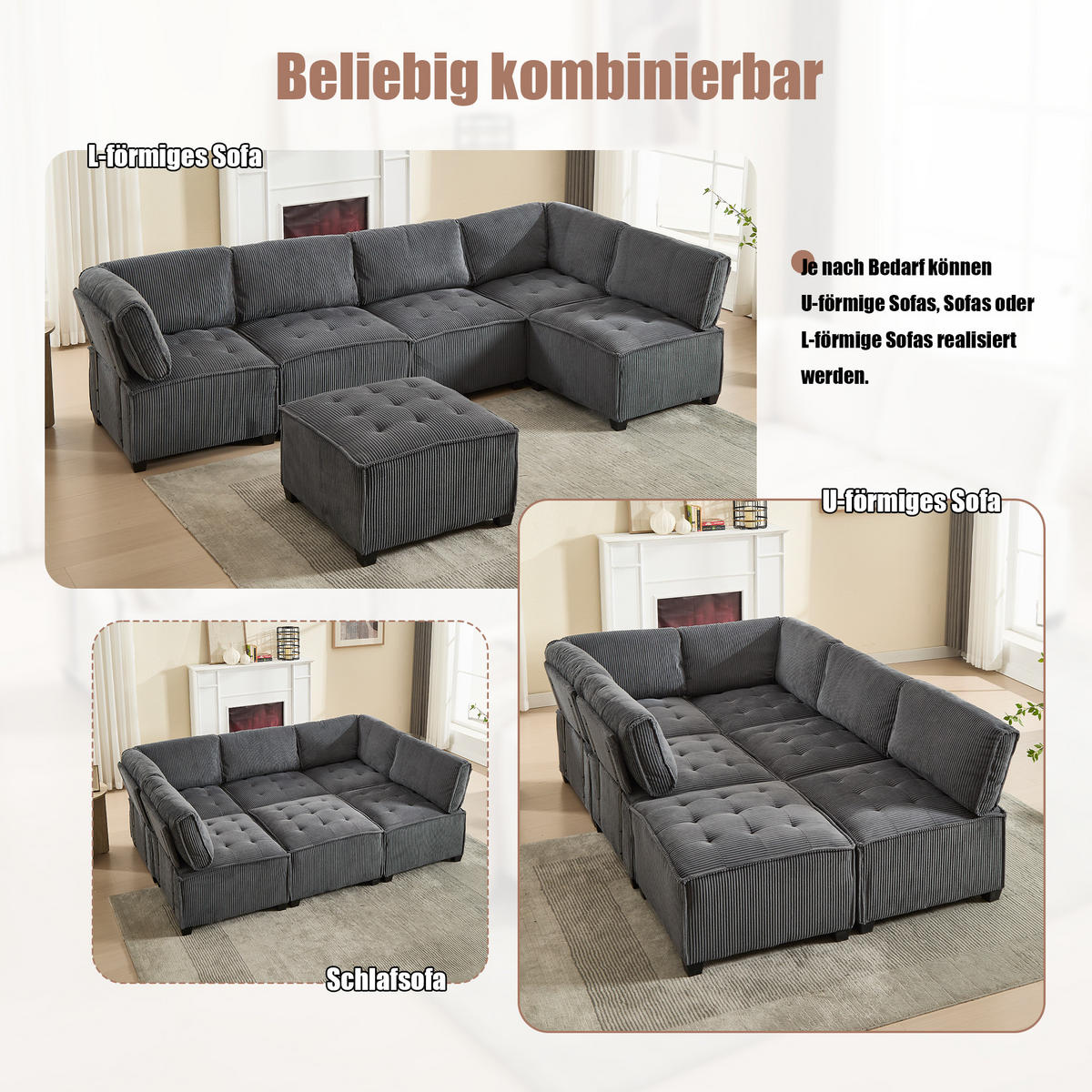 MODULARES 6-Sitzer Sofa Cord flexibel als U-/L-Form und Eckschlafsofa Grau 308/154/82 cm - Grau, Textil (154/308cm) - Redom