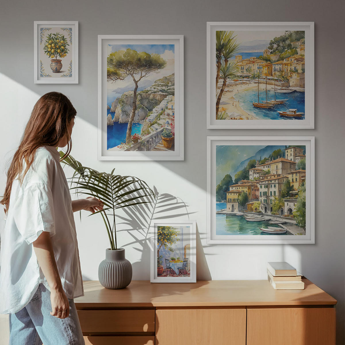WANDBILDER 5er-Set - 50x50 cm & 20x30 cm & 40x60 cm Weißer Rahmen - Monochromatische Brückentürme - Weiß, Kunststoff (40/60cm) - ArtPrintCave