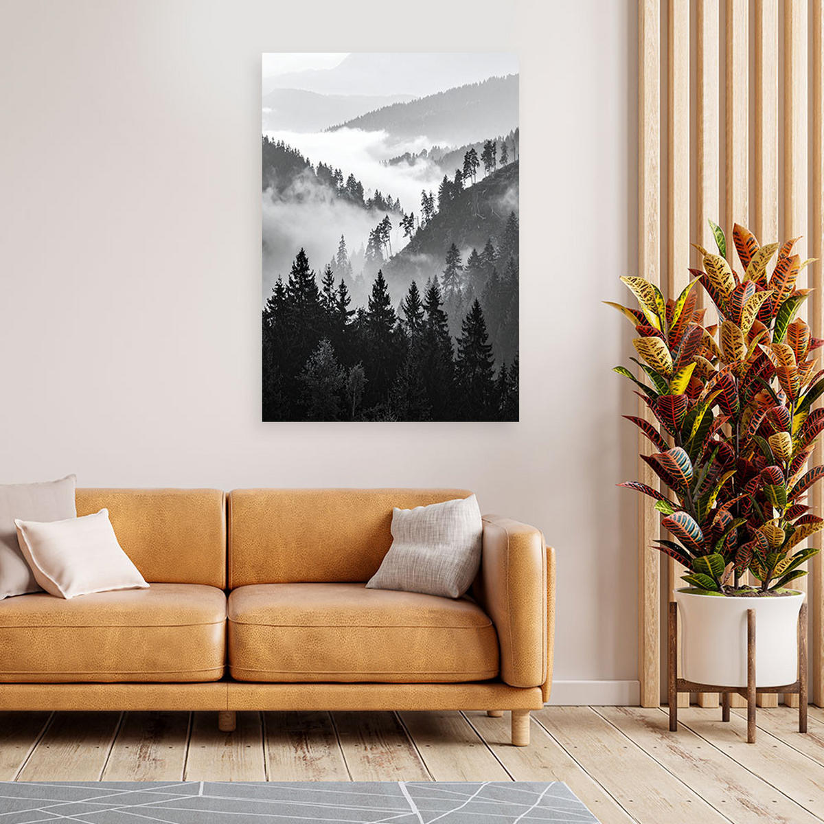 LEINWANDBILD Berge Wald Bäume Schwarz-Weiß 60x90cm - Schwarz, Textil (60/90cm) - Feeby