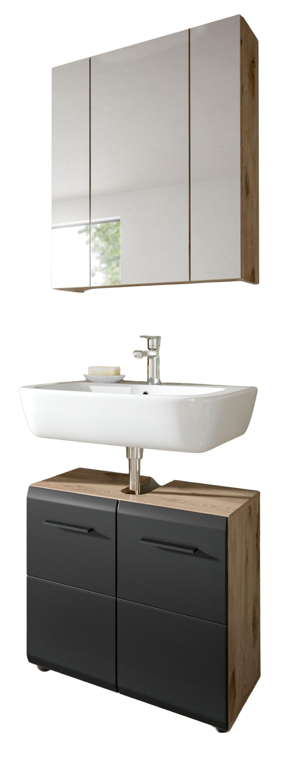 BADMÖBEL-SET 2-teilig schwarz matt, Eiche Nox, Set für Badezimmer und Gäste-WC, Breite 60 cm - Eichefarben/Schwarz, Glas/Holzwerkstoff (60/185/30cm) - Inn.Furn