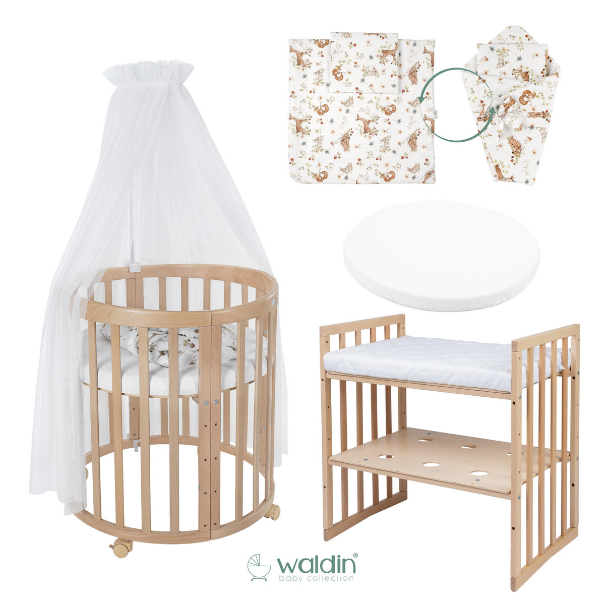 BABYBETT NATUR OVAL 7in1 mit Matratze und Himmelset - Multicolor/Naturfarben, Holz/Textil