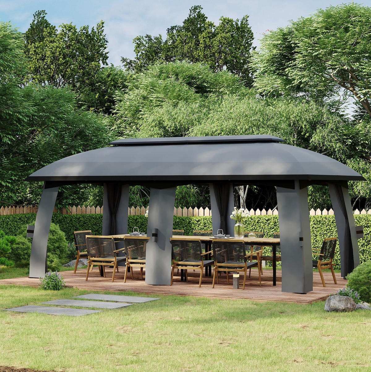 GARTENPAVILLON 300/600/278 cm mit Winddach, Seitenwänden und Insektenschutz, Dunkelgrau - Dunkelgrau, Textil (300/278/600cm) - Redom