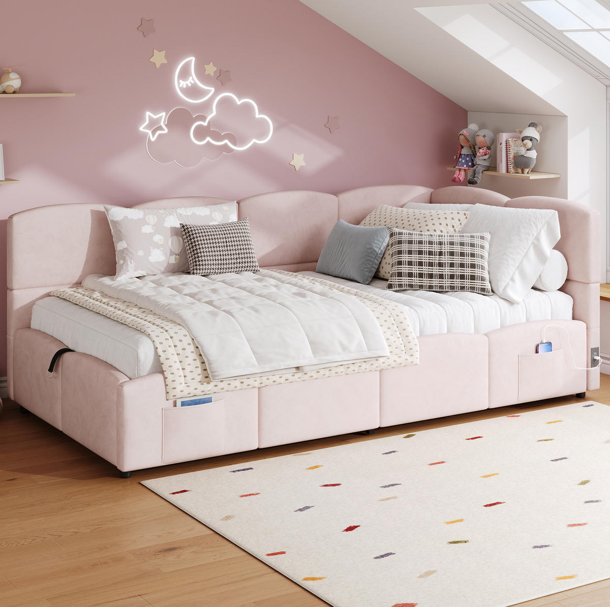 POLSTERBETT aus Samt 90x200 cm in Rosa mit Stauraum & USB - Rosa, Textil (90/200cm) - Modfu