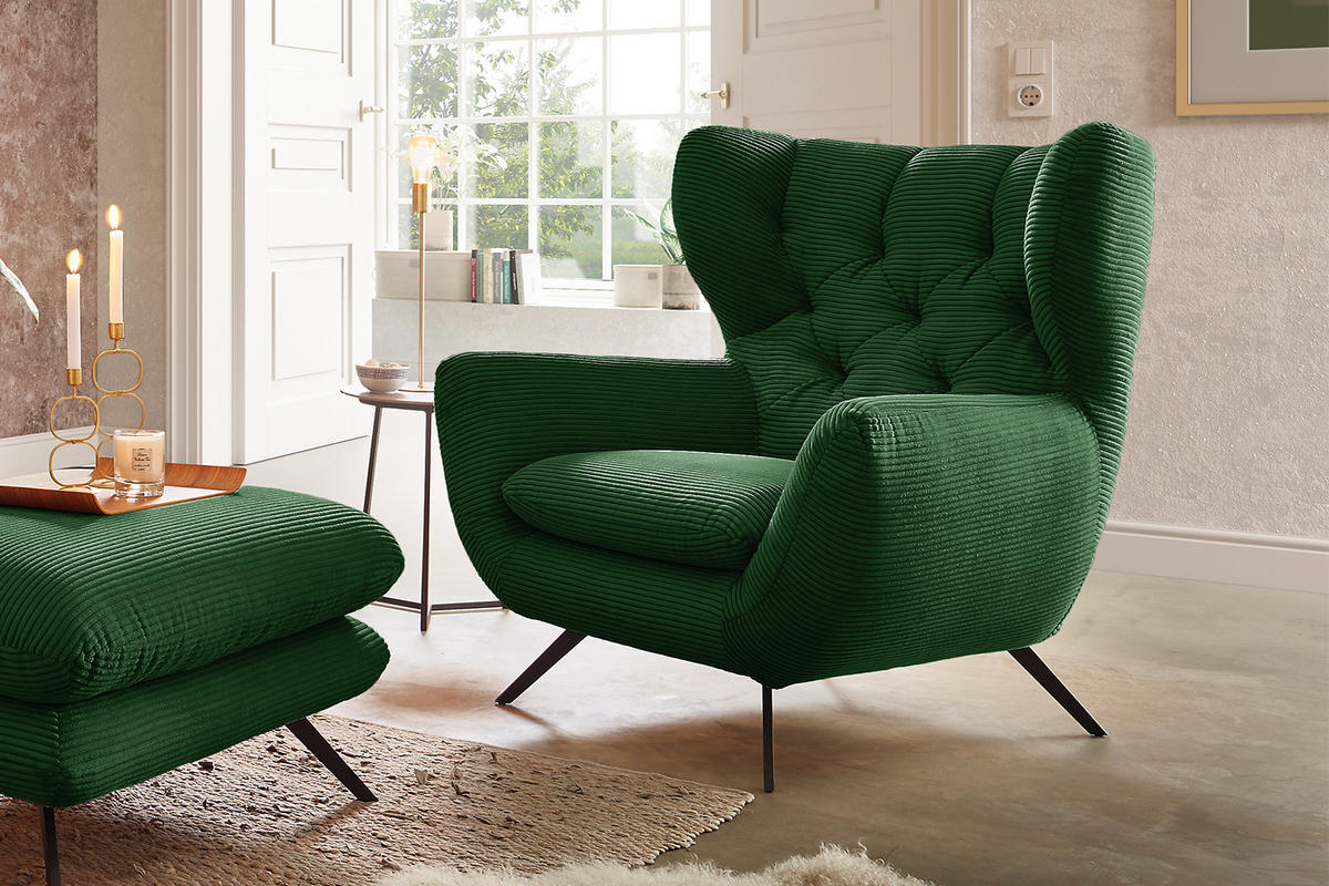 SESSEL CHARME Smaragdgrün Cord - Smaragdgrün/Schwarz, Textil/Metall (100/106/95cm) - KAWOLA