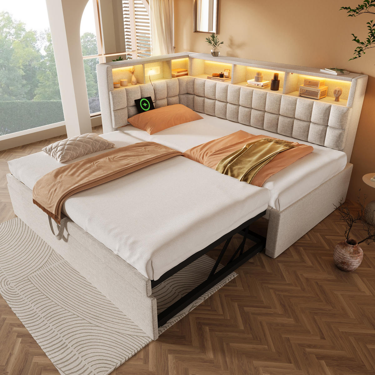 BETT mit Ausziehbett 90x200 cm Leinen Beige - Beige, Metall (90/200cm) - Meubliv