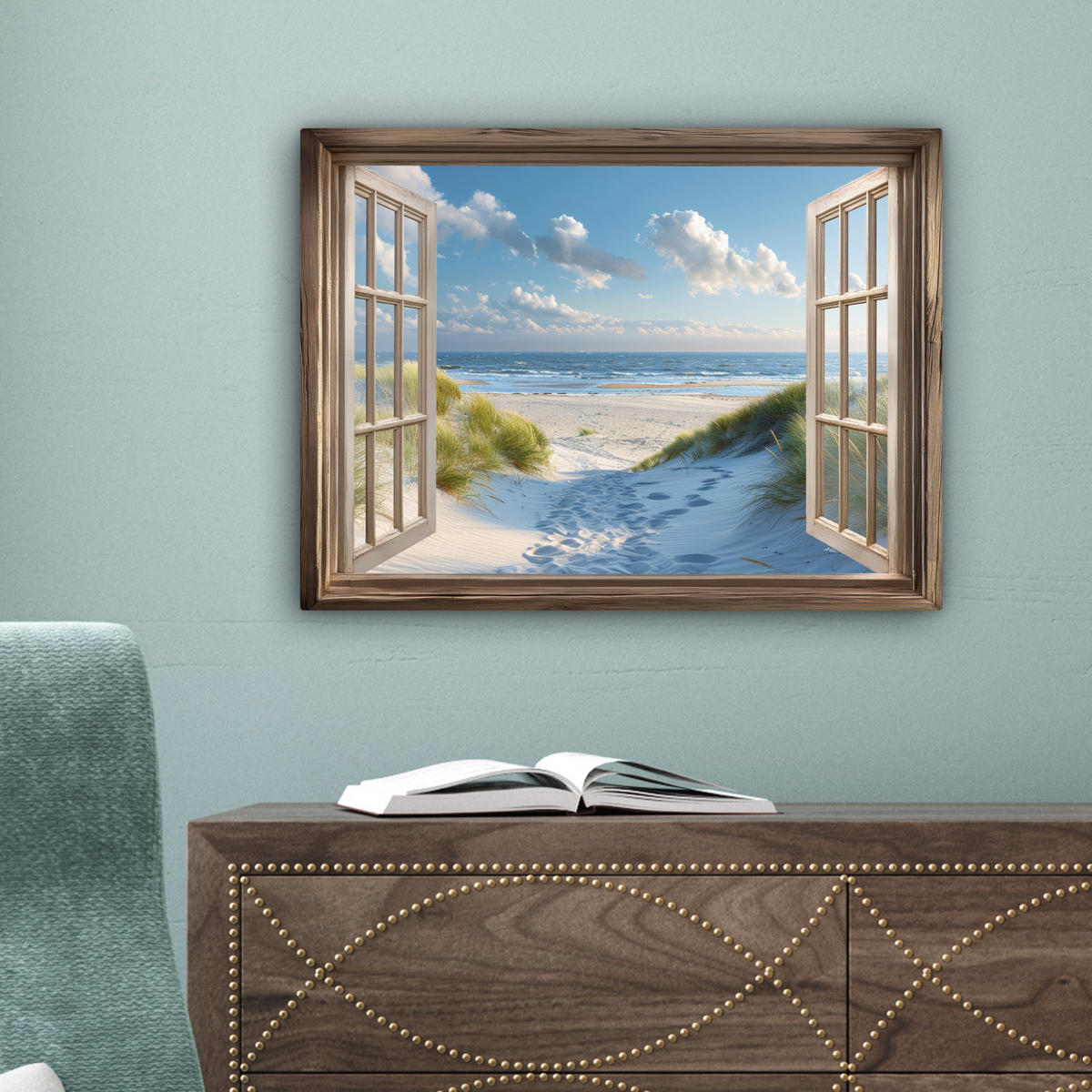 LEINWANDBILD Aussicht - Strand - Fenster - Dünen - Meer 40x30 cm - Hellblau, Textil (40/30cm) - MuchoWow