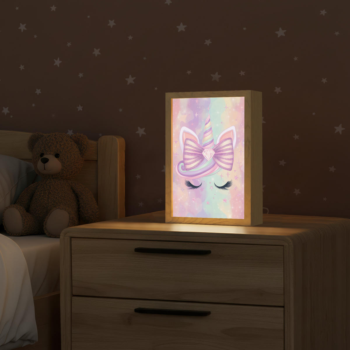 NACHTTISCHLAMPE Einhorn - Glitzer - Regenbogen - Pastell 20x30 cm - Hellrosa, Holzwerkstoff (8/20/30cm)