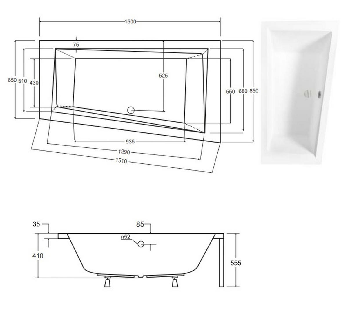 BADEWANNE Eckwanne INTIMA 150/85 Rechts + Schürze + Kopfstütze Ablauf Füße - Weiß, Kunststoff (85/55.5/150cm) - bad land