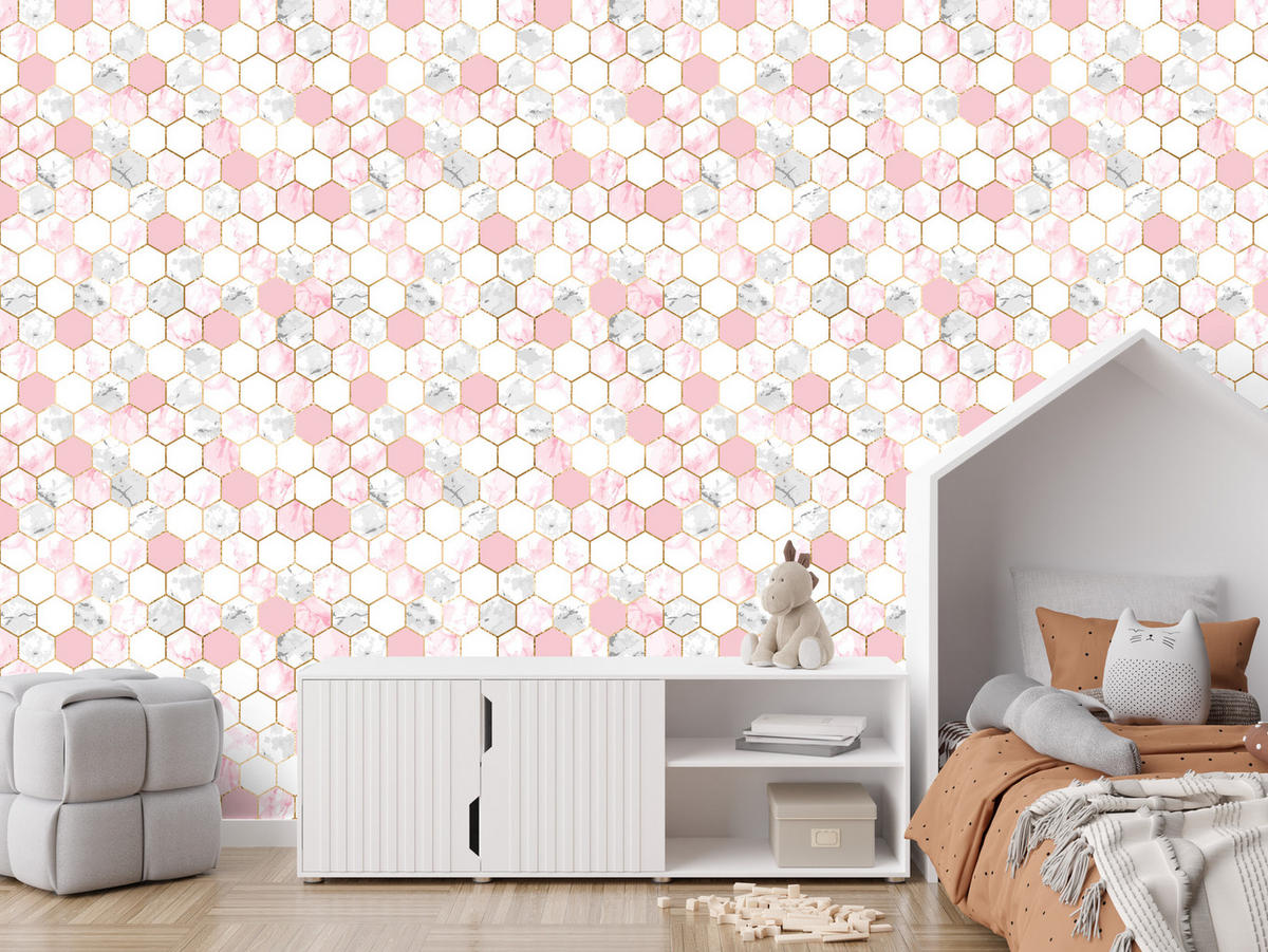 VLIESTAPETE Hexagon-Mosaik in Marmoroptik – Rosa, Weiß, Grau – 50x1000 cm - Rosa/Weiß, Papier (50/1000cm) - Muralo