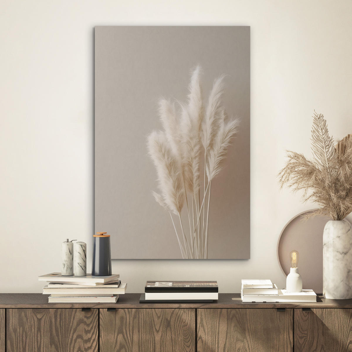 AKUSTIKBILD Pampasgras - Federn - Pastell - Weiß Kunstdruck Schlafzimmer 50x70 cm - Naturfarben, Kunststoff (50/70/0.9cm) - MuchoWow