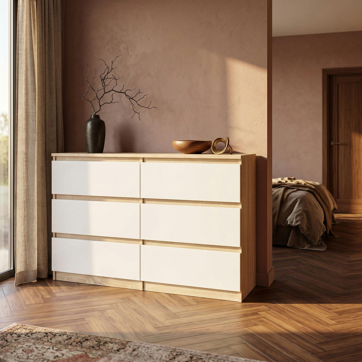 KOMMODE NUDO 138,5/78,5/39cm mit 6 Schubladen Türen Sonoma Eiche - Weiß/Sonoma Eiche, Holzwerkstoff (138.5/78.5/39cm) - MASSENO