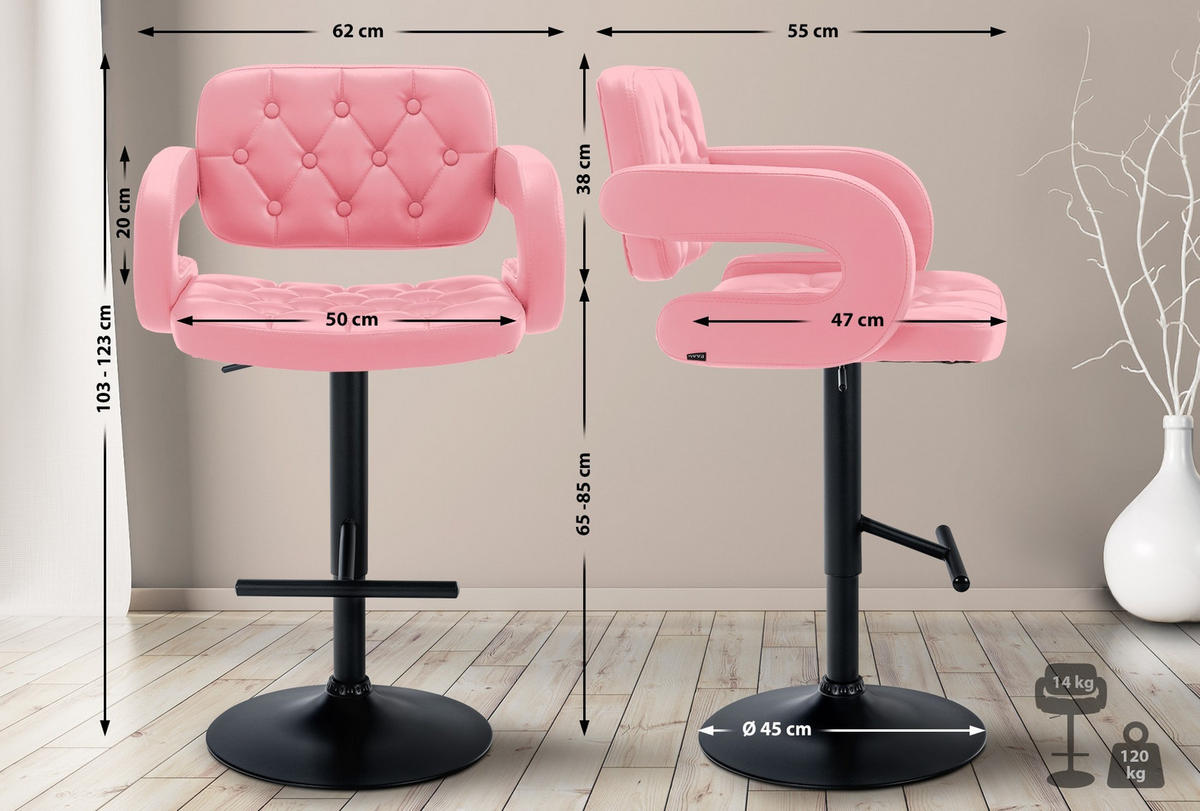 BARHOCKER Dublin 65-85 cm schwarz pink - Pink, Leder (62/103/55cm) - furnicato