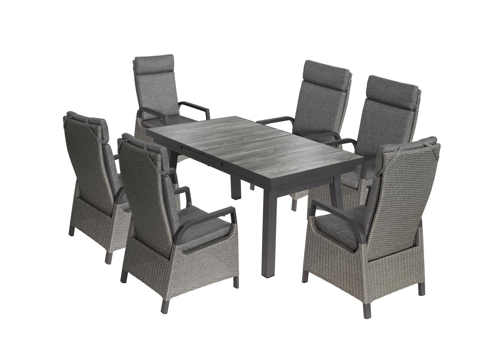 GARTENMÖBEL-SET Darwin 2 Aluminium ausziehbarer Tisch 6x Hochlehner Gartensessel - Grau, Naturmaterialien - Green Spirit