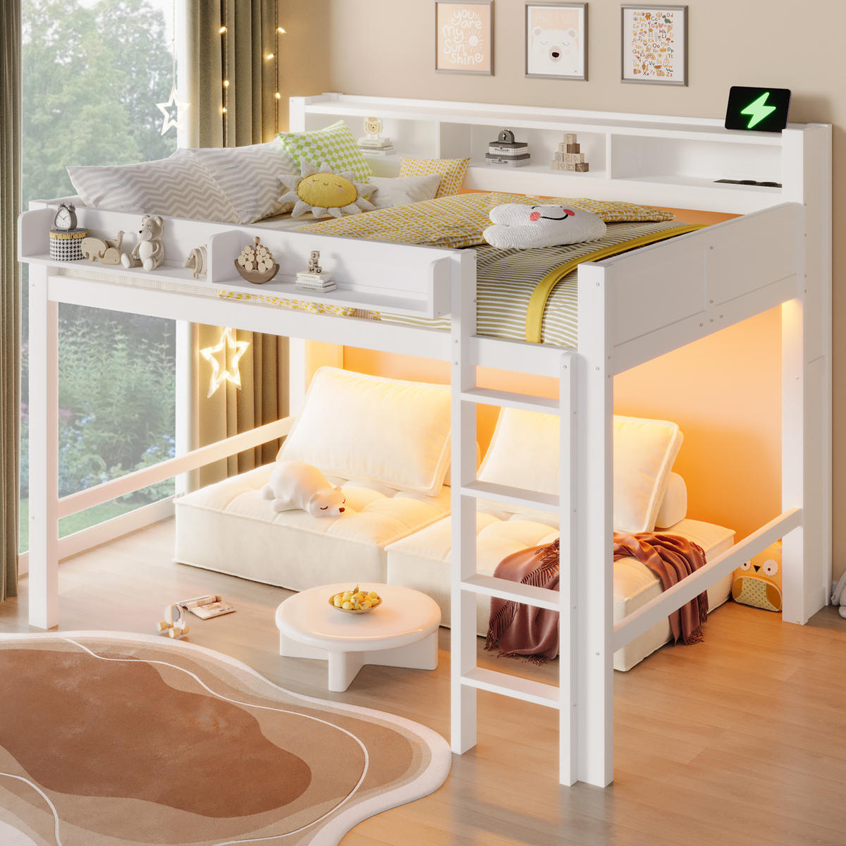 HOCHBETT 140/200 cm in Weiß mit 3 Schränken, LED und USB - Schwarz, Holzwerkstoff (140/200cm) - STILVORA