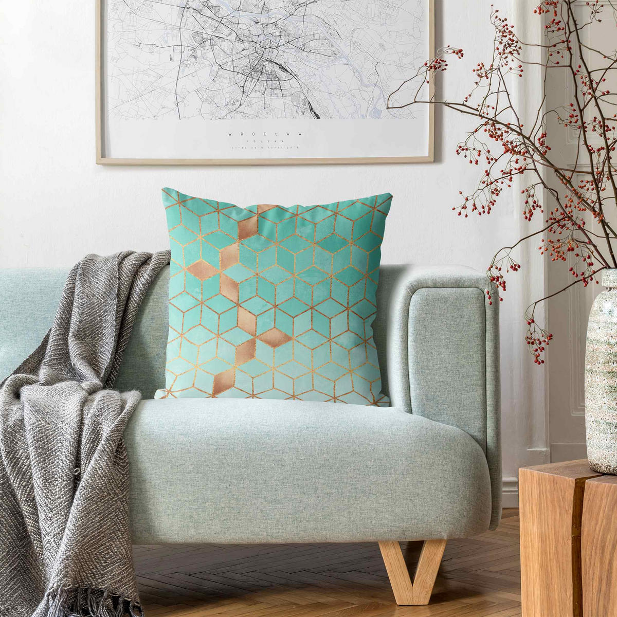 DEKOKISSEN Türkis Weiß goldene Geometrie 40/40 cm - Türkis, Textil (40/40/10cm) - Bilderwelten