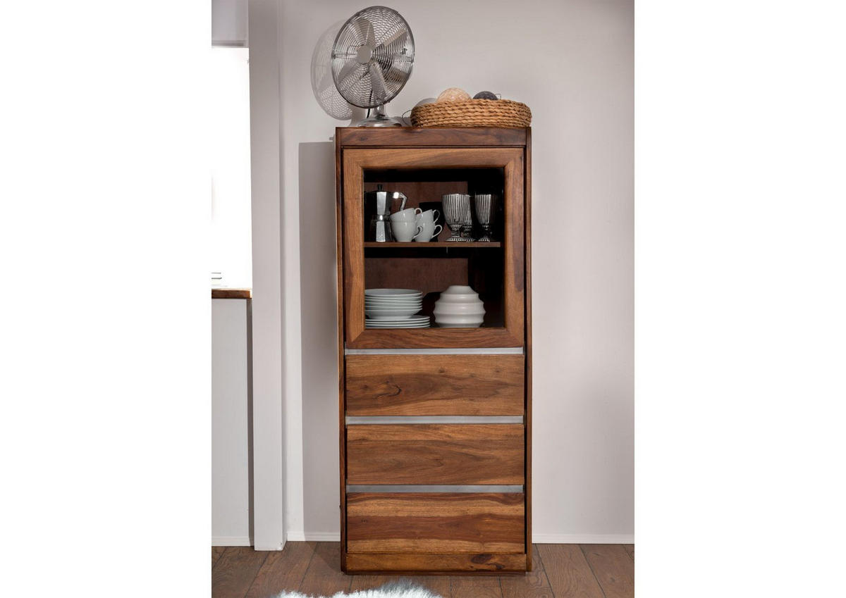 VITRINE Sheesham 63x40x147 noble unique lackiert SYDNEY #104 - Braun, Holz (63/147/40cm) - Massivmoebel24