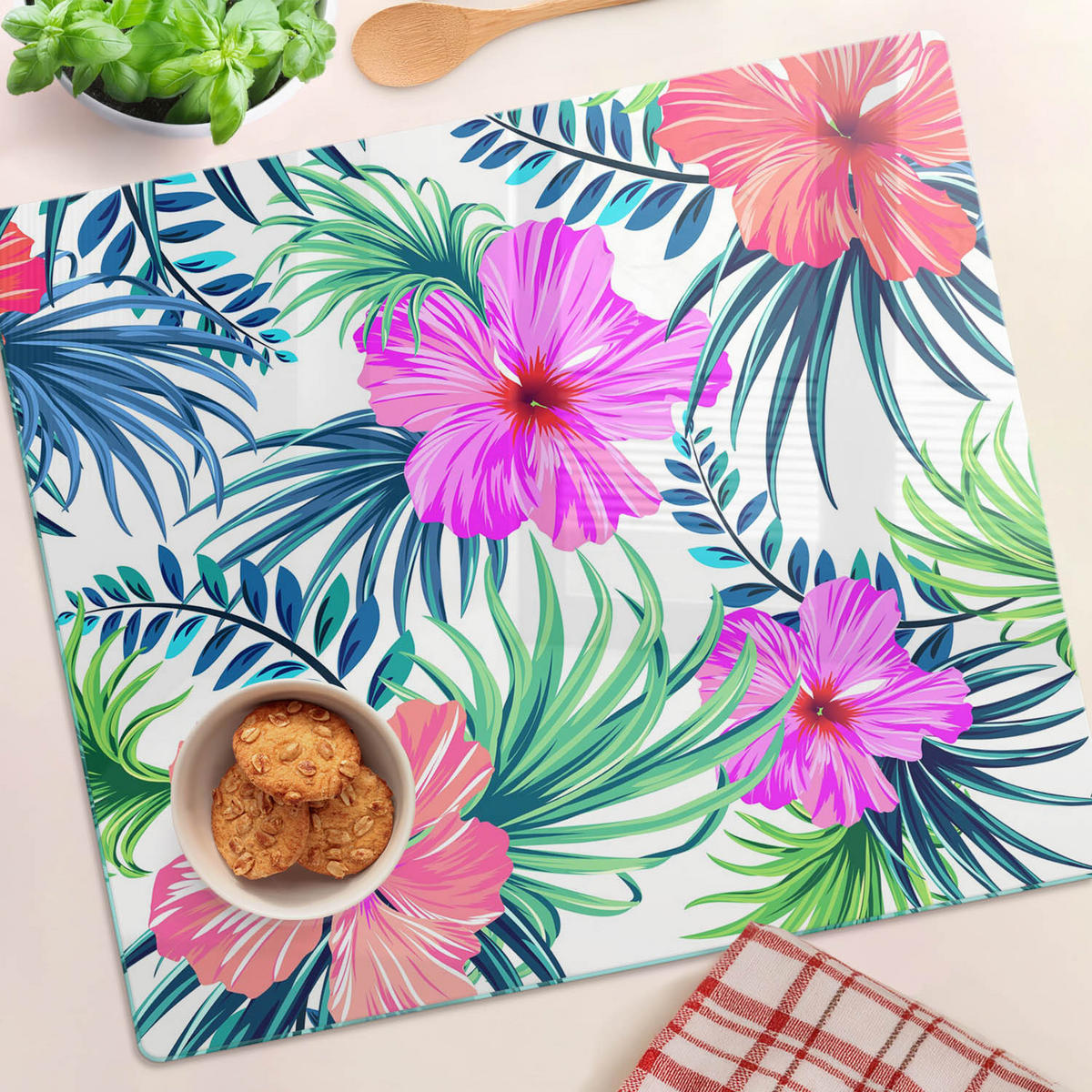 GLASPLATTE 60x52 cm Hawaiianische Blumen - Multicolor, Glas (60/0.4/52cm) - TULUP