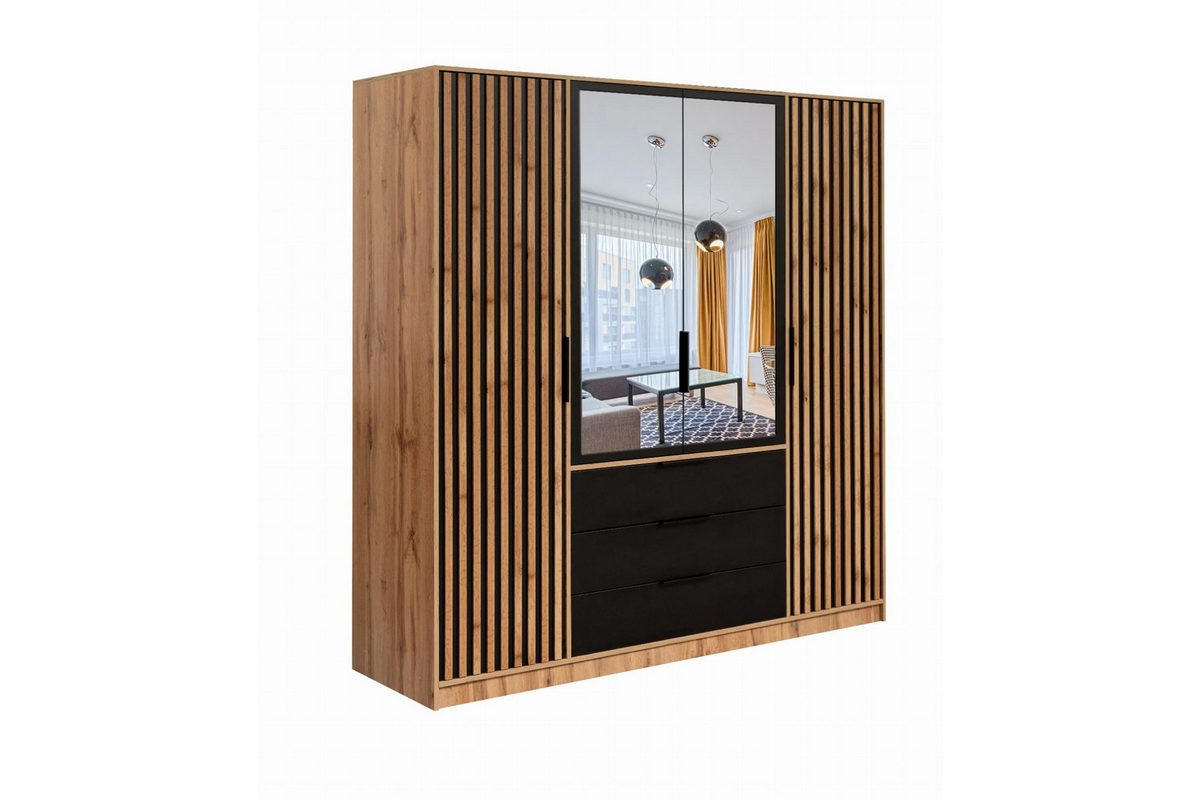 DREHTÜRENSCHRANK LABOO LUX 196/200/58 cm in Eiche Wotan / Schwarz mit Lamellen - Eiche Wotan/Schwarz, Holzwerkstoff (196/200/58cm) - Deine Möbel 24