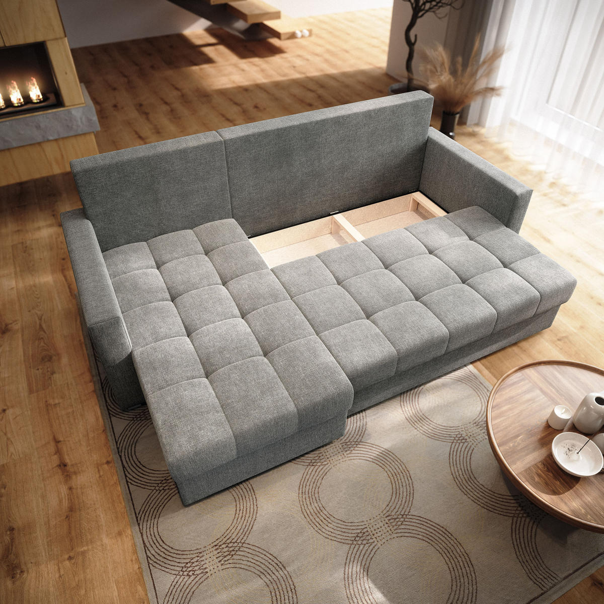 ECKSOFA NIDA Hellgrau Geflochtener Stoff mit Schlaffunktion - Hellgrau, Holz (220/143cm) - MASSENO