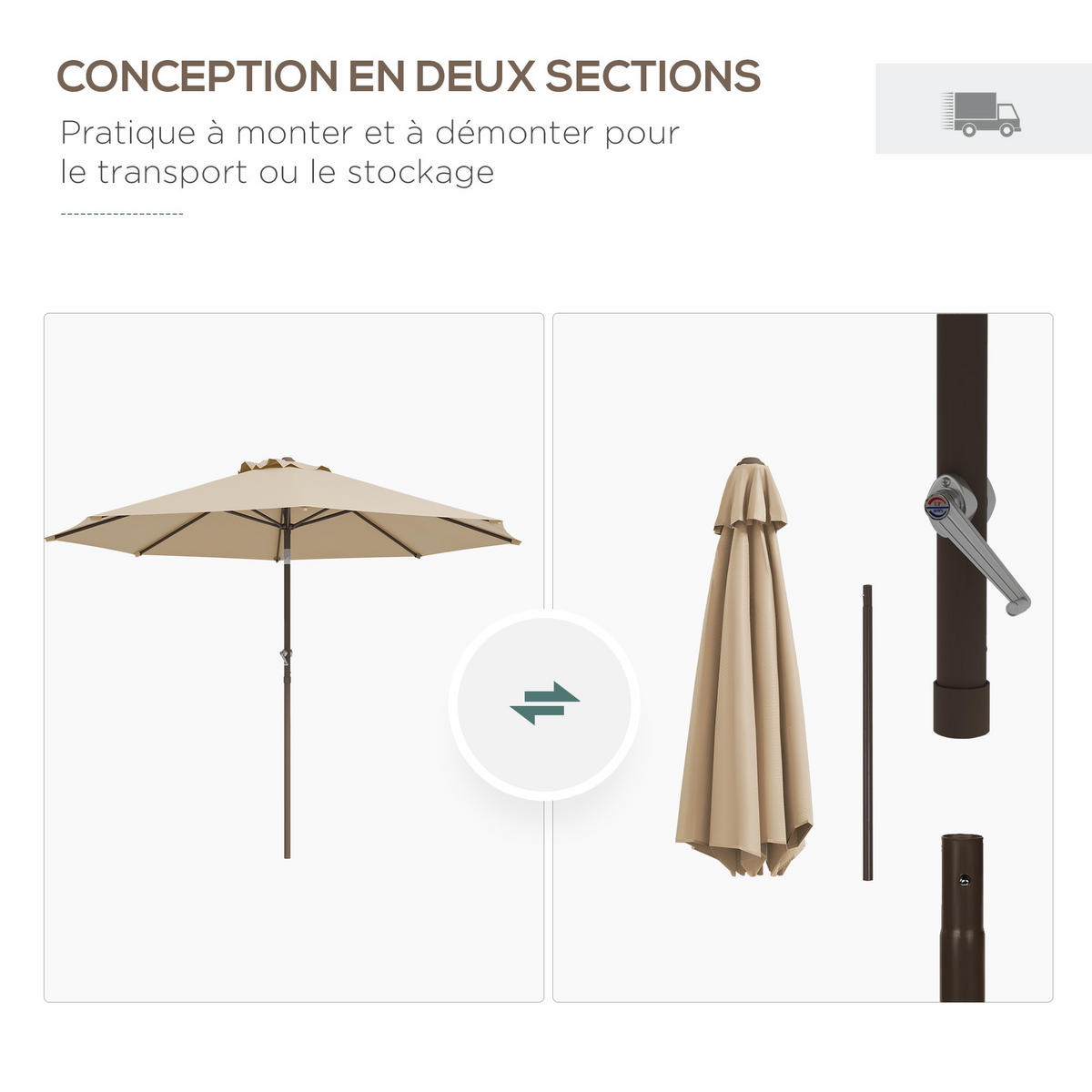 SONNENSCHIRM DE-11459 neigbar, mit Kurbel, Ø 2,63 m Beige - Mokka, Textil (263/263cm) - ComfortXL