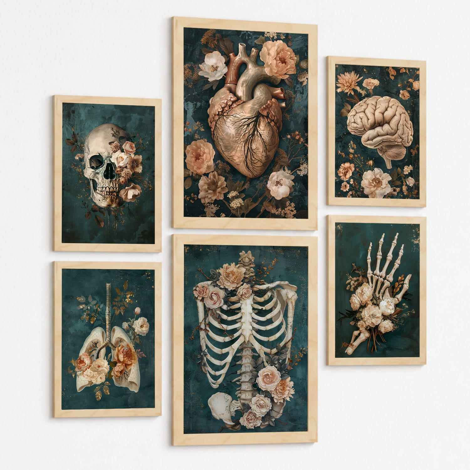 POSTER Kollektion aus 6 Anatomie Drucke und mit Herz Schädel Lungen Nieren und Gehirn Pergament Hintergrund dekoration Größe Schwarzer Rahmen A3 & A4 - Schwarz, Papier (21/29.7/3cm) - Nacnic