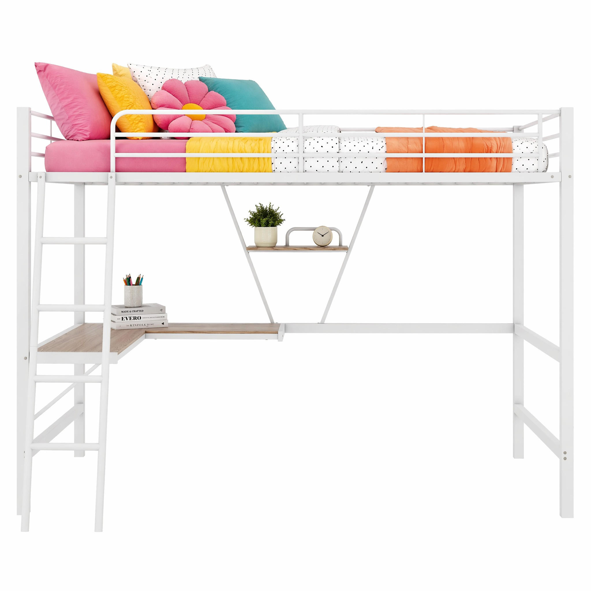 HOCHBETT 90/200 cm in Weiß mit L-Schreibtisch und Regal Minimalistisches Design - Weiß, Holz/Metall (90/200cm) - STILVORA