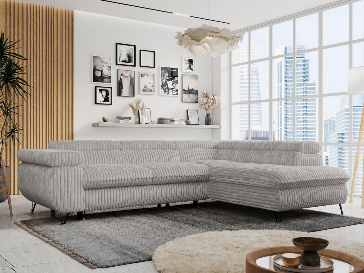 ECKSOFA PETER L Hellgrau Cord - Rechts Seite - Hellgrau/Schwarz, Textil/Metall (273/208cm) - MKS