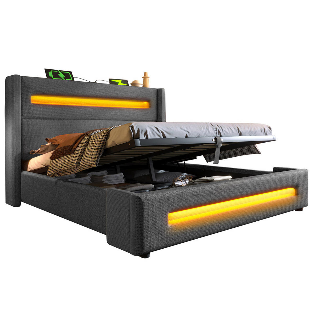 DOPPELBETT 160X200 cm mit LED USB Typ C - Grau, Holz (160/200cm) - FLIEKS