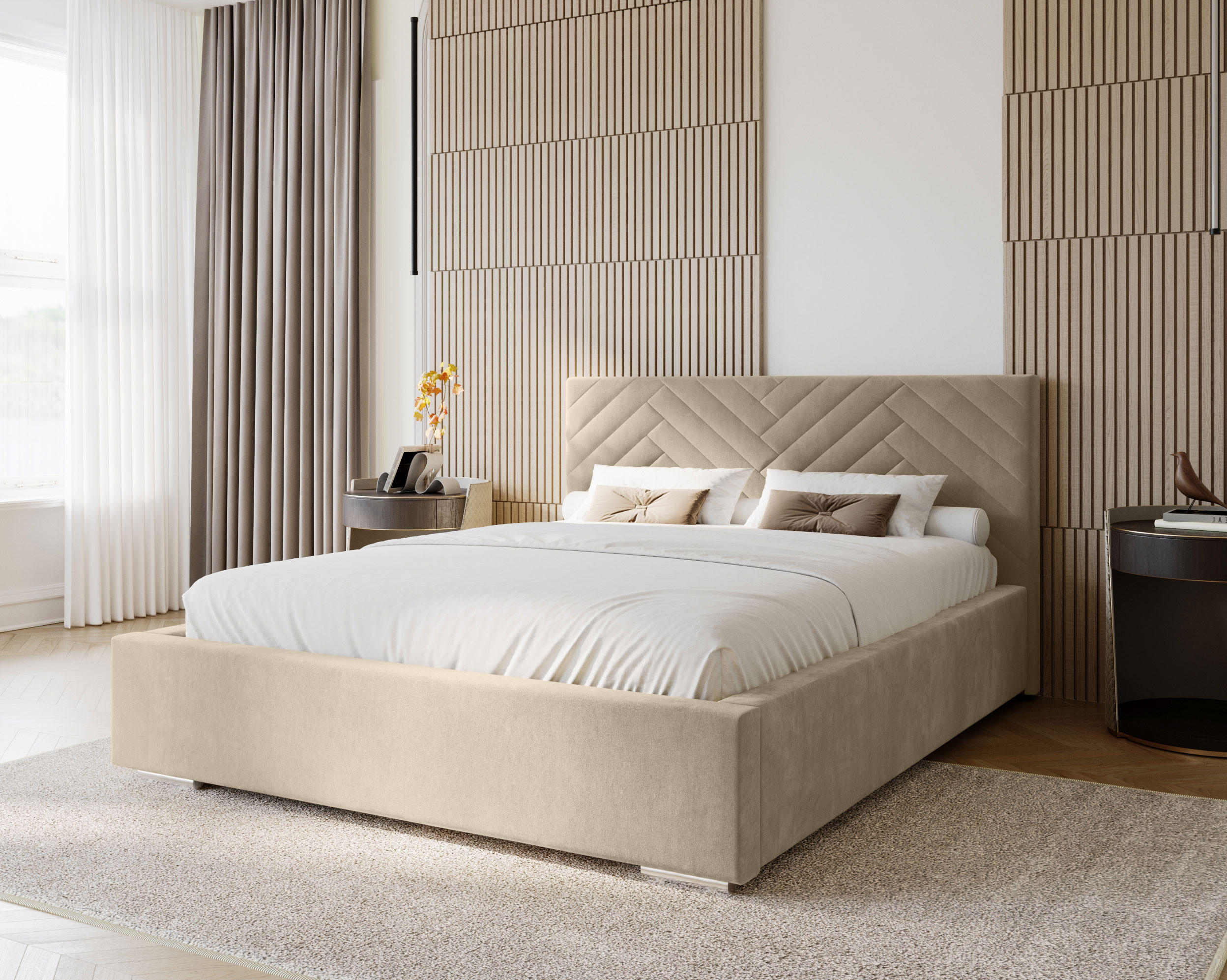 POLSTERBETT Aura 140x200 cm, Doppelbett mit Bettkasten, Lattenrost und Matratze aus Holz, Velourstoff: Hellbraun - Hellbraun, Holz/Kunststoff (140/200cm) - Marpur