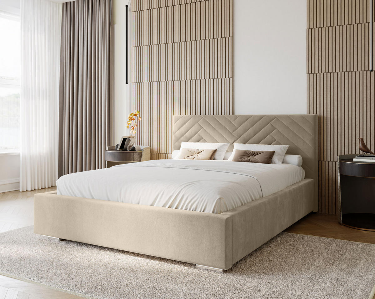 POLSTERBETT Aura 160x200 cm, Doppelbett mit Bettkasten und Lattenrost aus Holz, Velourstoff: Hellbraun - Hellbraun, Holz/Kunststoff (160/200cm) - Marpur