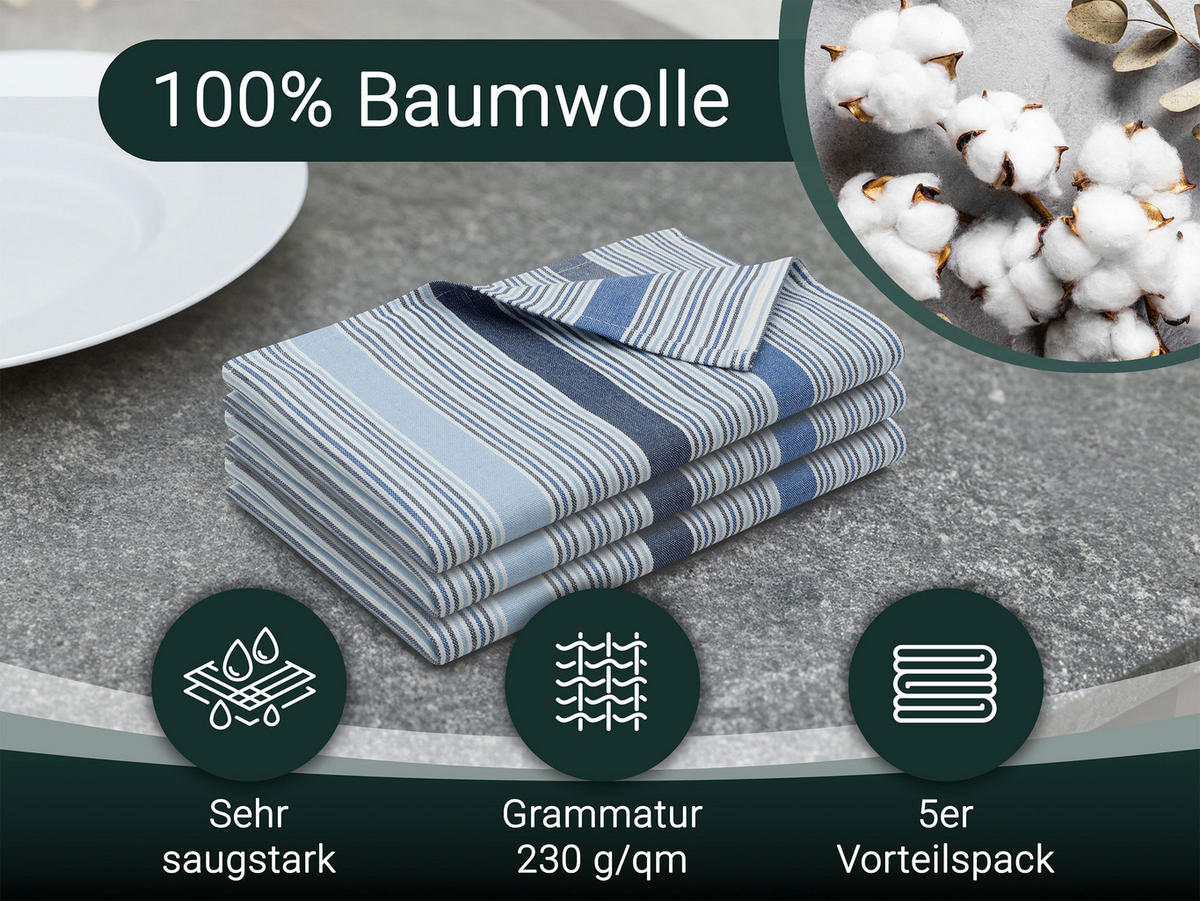 GESCHIRRTÜCHER, 5er-Set, 50x70 cm, 100% Baumwolle, Blau - Blau, Textil (50/70cm) - Zollner
