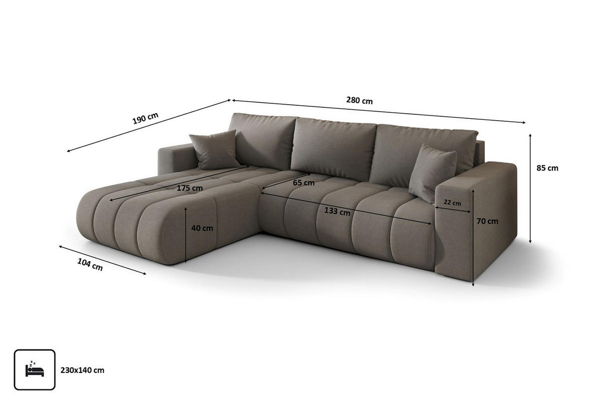 ECKSOFA mit schlaffunktion und bettkasten MILO PREMIUM, stoff WIND, Stahl, Links - Grau, Holz (280/190cm) - Kaiser Möbel