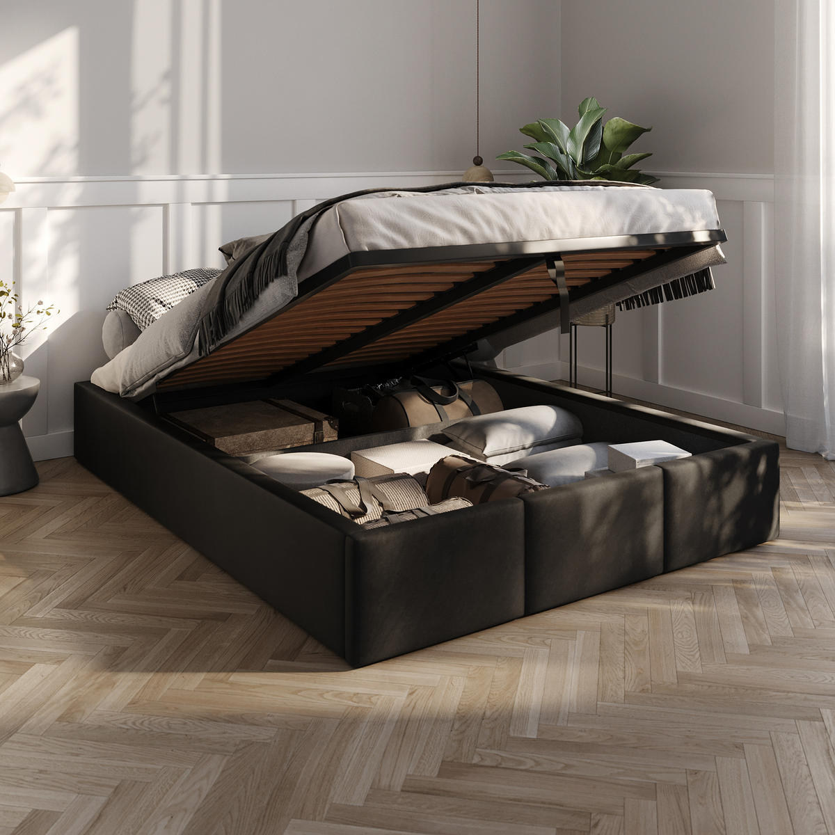 POLSTERBETT für Schlafzimmer Bett mit Stauraum Schwarz 140x200cm - Schwarz, Holzwerkstoff/Textil (160/200cm) - Muralo