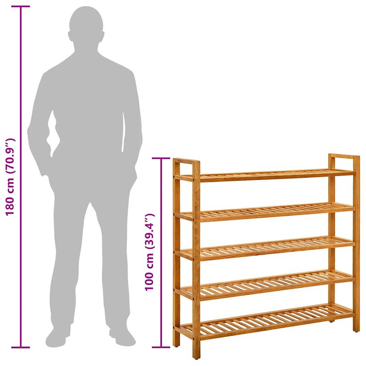 SCHUHREGAL Mit 5 Etagen 100/27/100 Cm Massivholz Eiche - Braun, Holz (100/100/27cm) - vidaXL