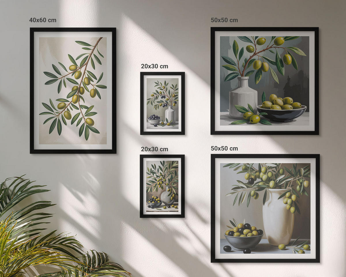 WANDBILDER 5er-Set - 50x50 cm & 20x30 cm & 40x60 cm Schwarzer Rahmen - Oliven in grauen Vasen - Schwarz, Kunststoff (40/60cm) - ArtPrintCave