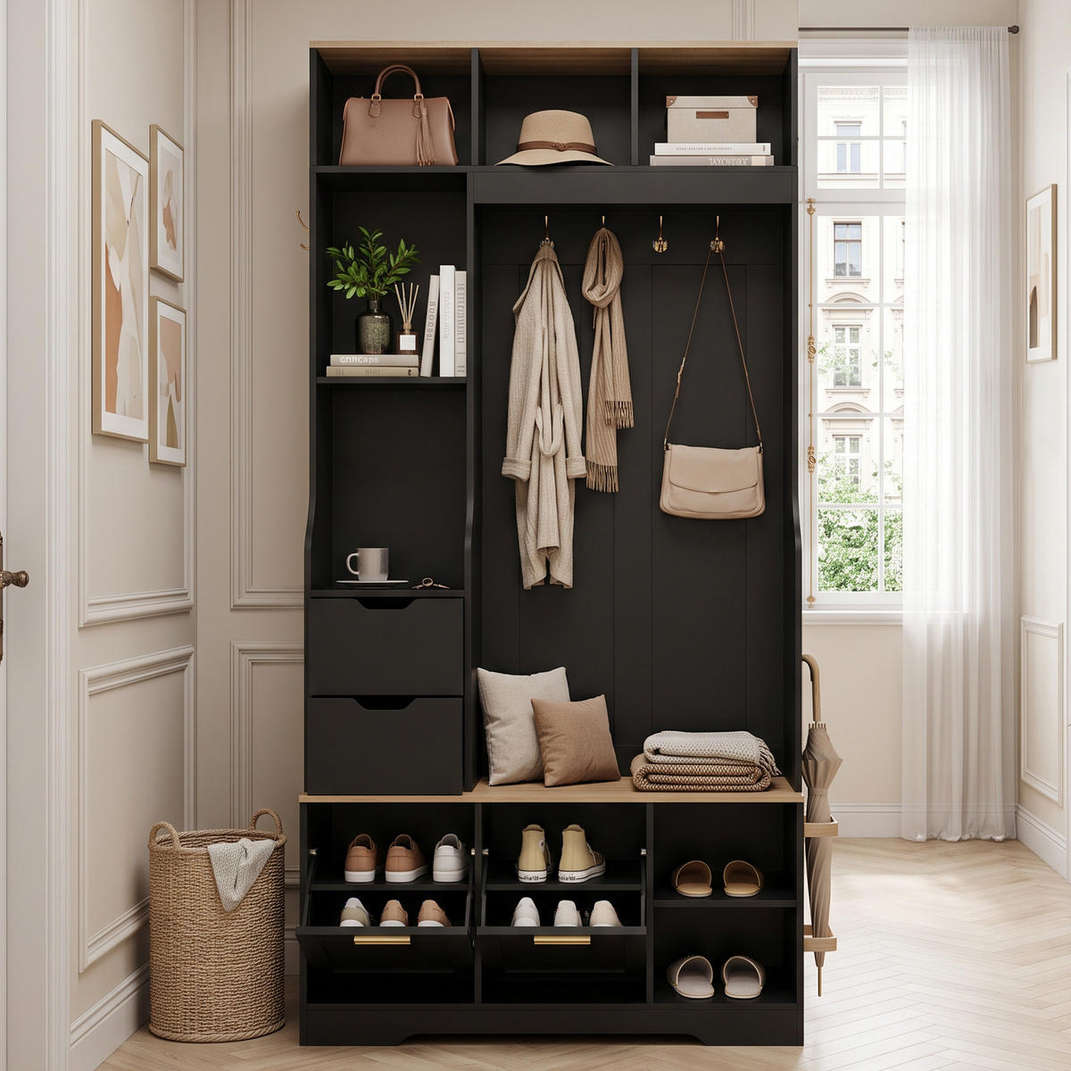 KOMPAKTGARDEROBE Schwarz Flurschrank mit Sitzbank, Schuhschrank & LED Licht - Schwarz, Holzwerkstoff (100/186/32cm) - Urban Meuble